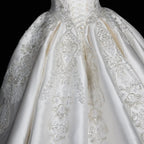 White Satin Strapless Ball Gown Wedding Dress with Luxurious Beaded Lace and Cathedral Train SW676