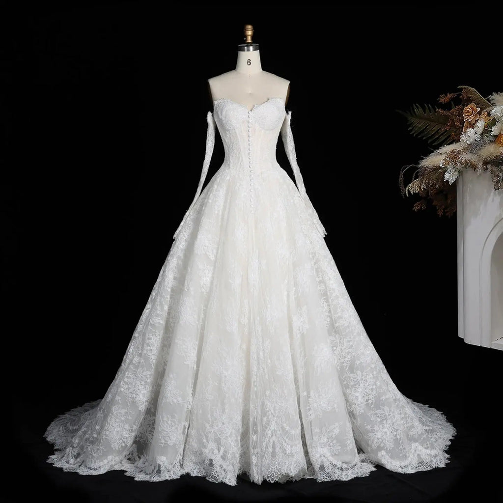 White Floral Lace Ball Gown Wedding Dress with Sweetheart Neckline and Detachable Long Sleeves SW677