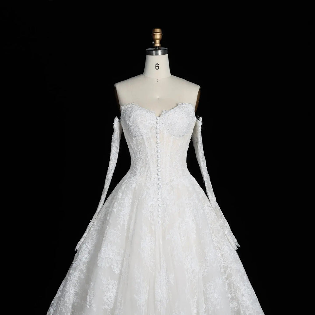 White Floral Lace Ball Gown Wedding Dress with Sweetheart Neckline and Detachable Long Sleeves SW677
