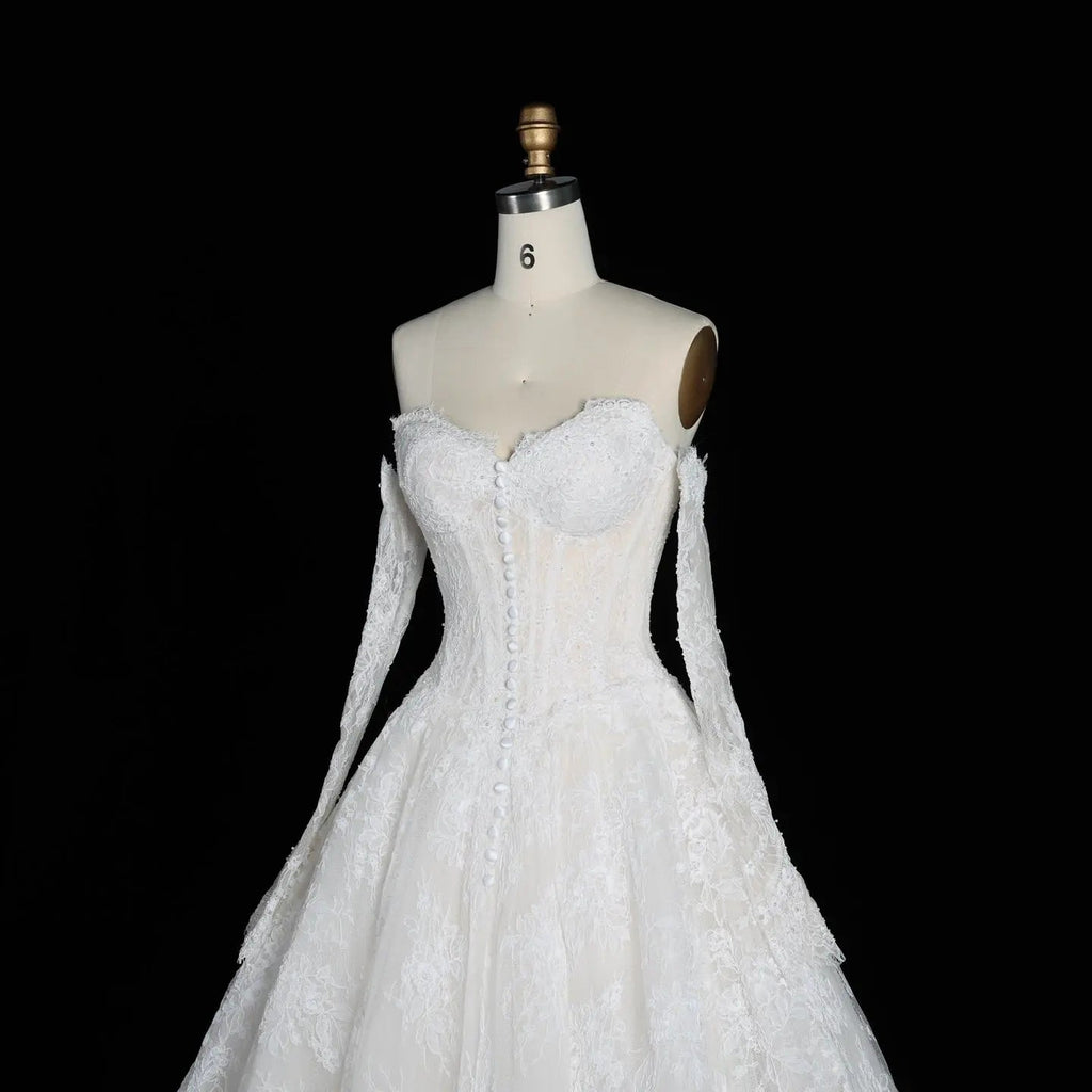 White Floral Lace Ball Gown Wedding Dress with Sweetheart Neckline and Detachable Long Sleeves SW677