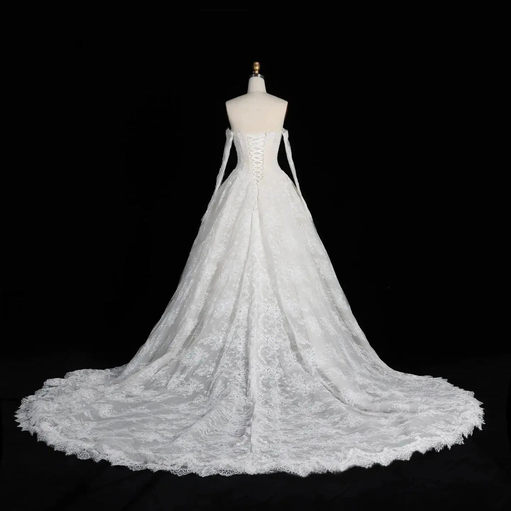 White Floral Lace Ball Gown Wedding Dress with Sweetheart Neckline and Detachable Long Sleeves SW677