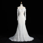White Lace Mermaid Wedding Dress Off the Shoulder with Detachable Train and Long Sleeves SW678