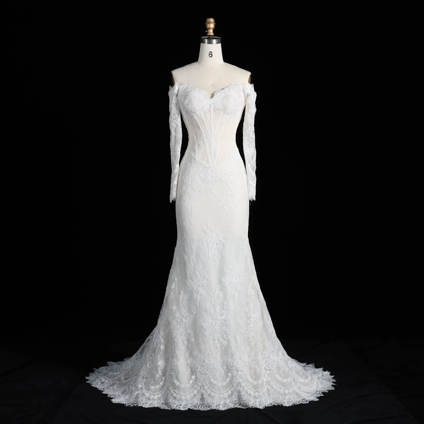 White Lace Mermaid Wedding Dress Off the Shoulder with Detachable Train and Long Sleeves SW678