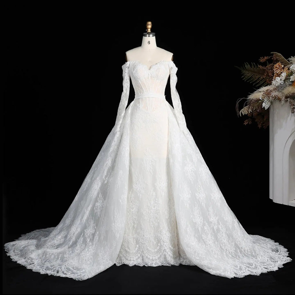 White Lace Mermaid Wedding Dress Off the Shoulder with Detachable Train and Long Sleeves SW678