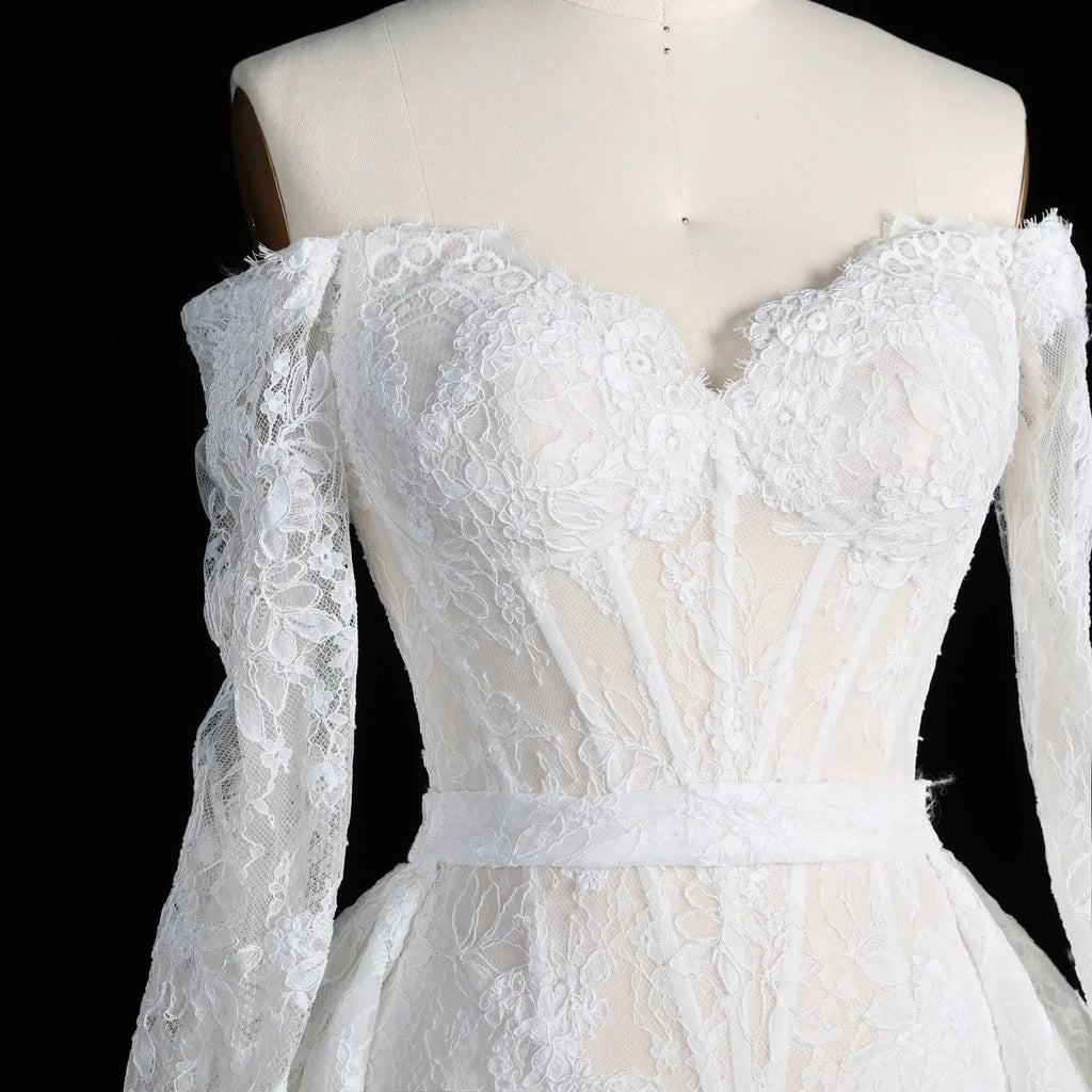 White Lace Mermaid Wedding Dress Off the Shoulder with Detachable Train and Long Sleeves SW678