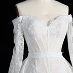 White Lace Mermaid Wedding Dress Off the Shoulder with Detachable Train and Long Sleeves SW678
