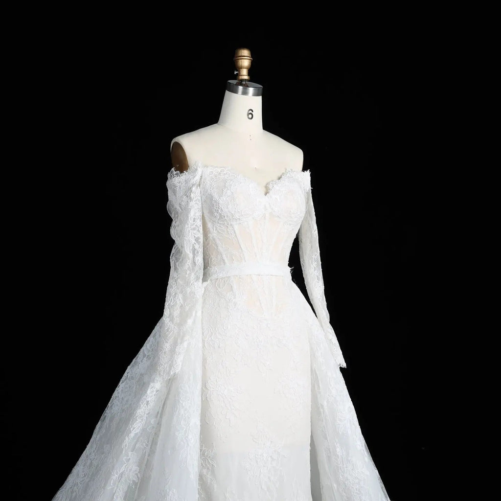 White Lace Mermaid Wedding Dress Off the Shoulder with Detachable Train and Long Sleeves SW678