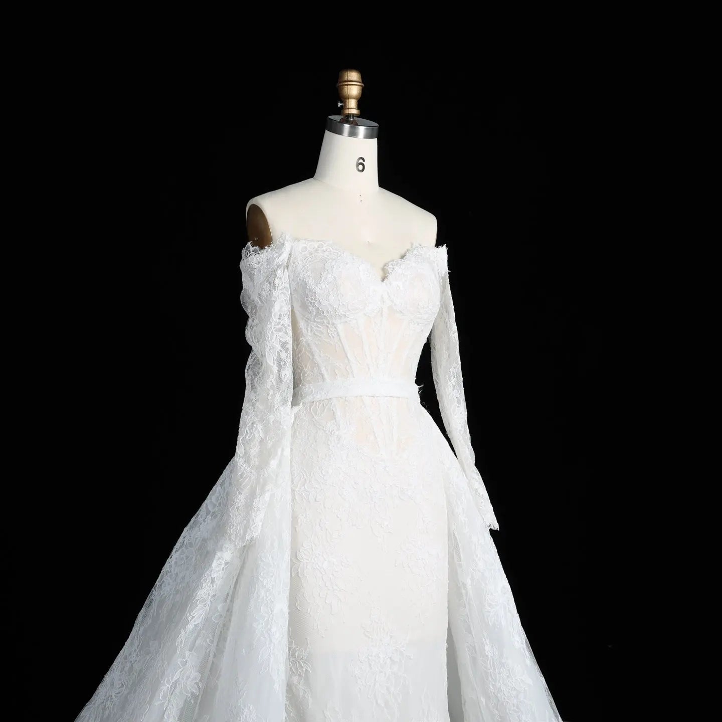 White Lace Mermaid Wedding Dress Off the Shoulder with Detachable Train and Long Sleeves SW678