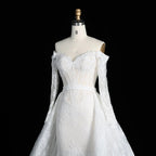 White Lace Mermaid Wedding Dress Off the Shoulder with Detachable Train and Long Sleeves SW678