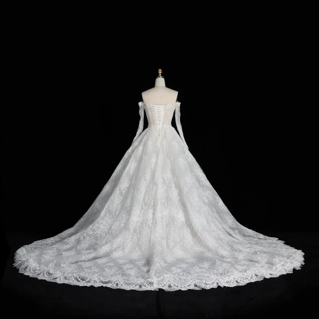 White Lace Mermaid Wedding Dress Off the Shoulder with Detachable Train and Long Sleeves SW678