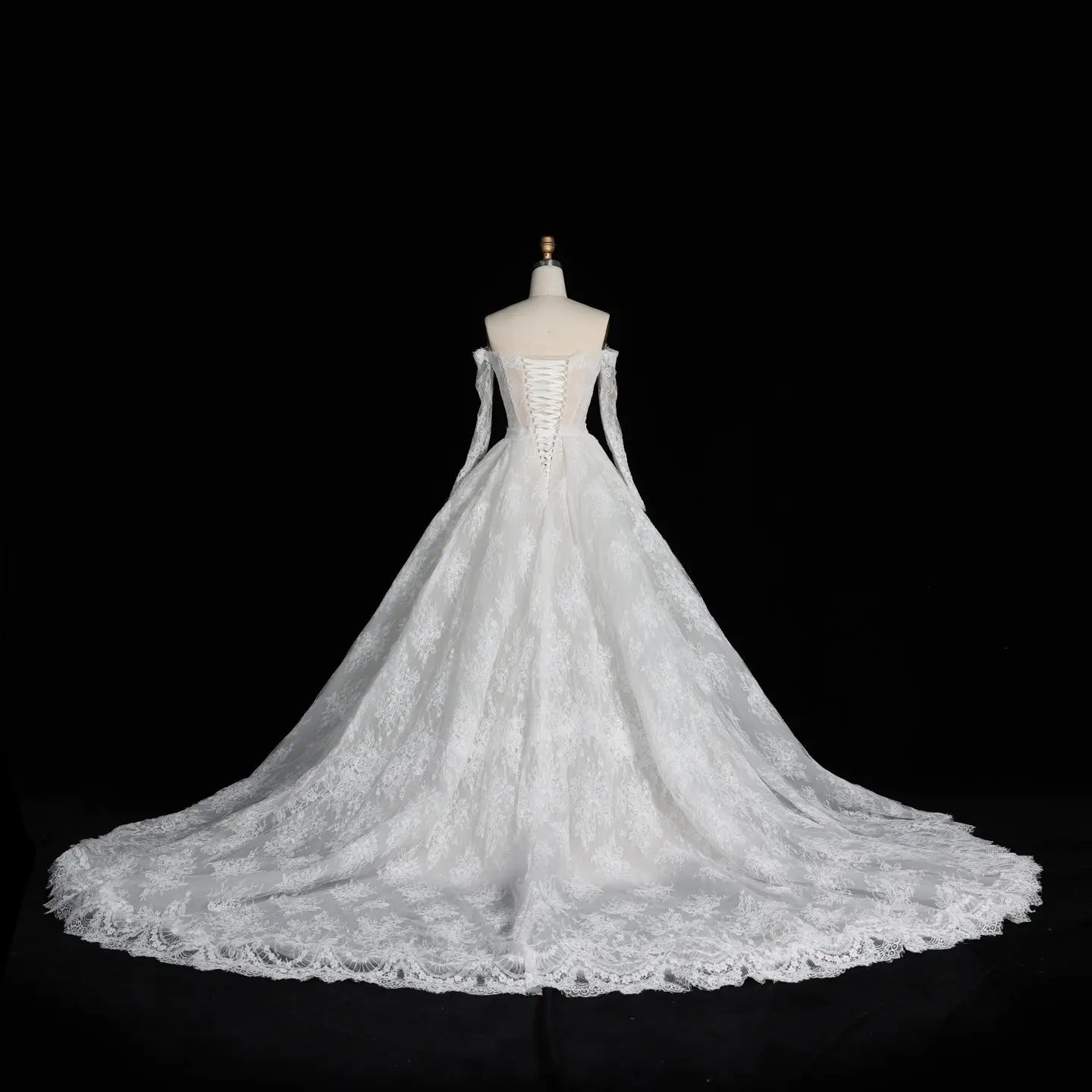White Lace Mermaid Wedding Dress Off the Shoulder with Detachable Train and Long Sleeves SW678