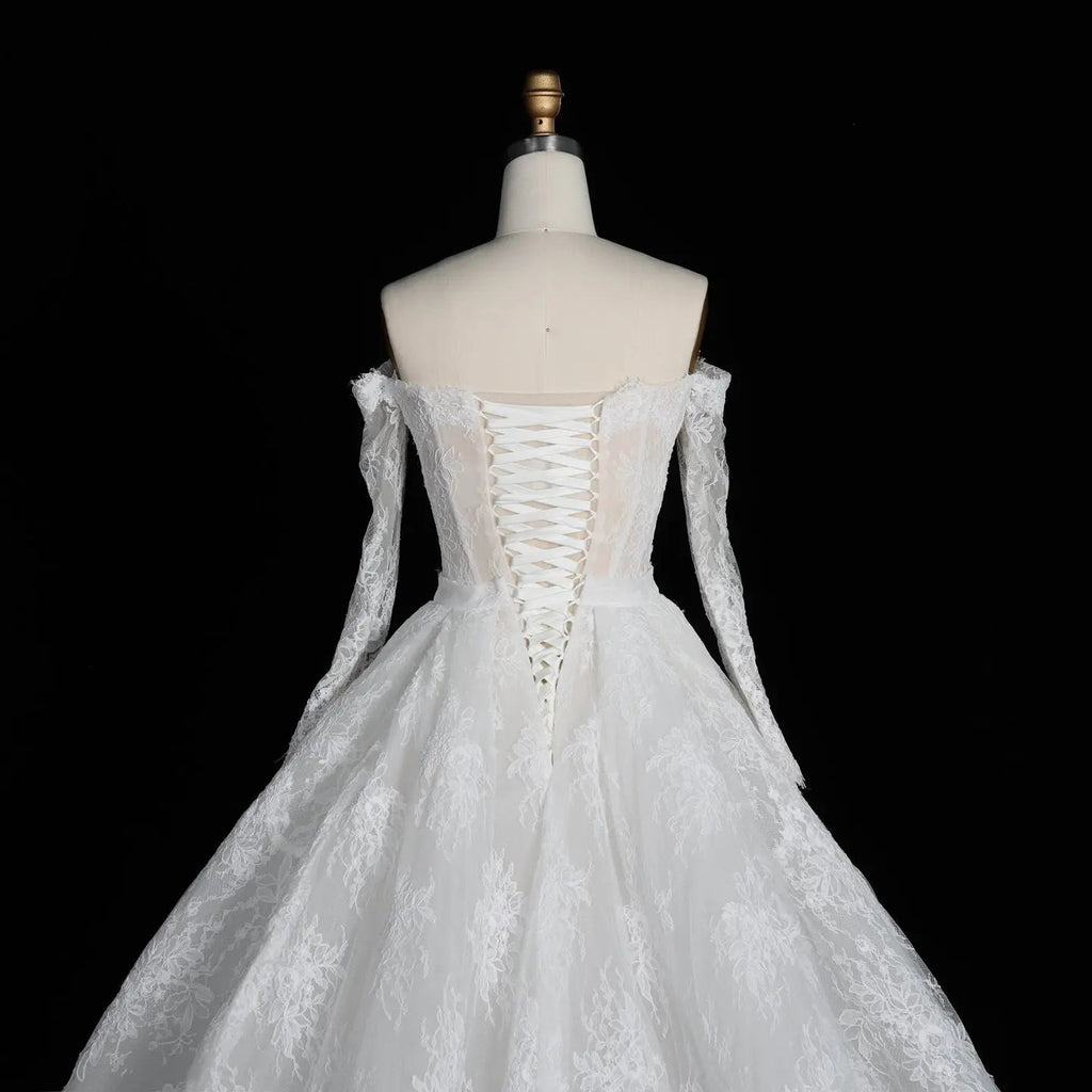 White Lace Mermaid Wedding Dress Off the Shoulder with Detachable Train and Long Sleeves SW678