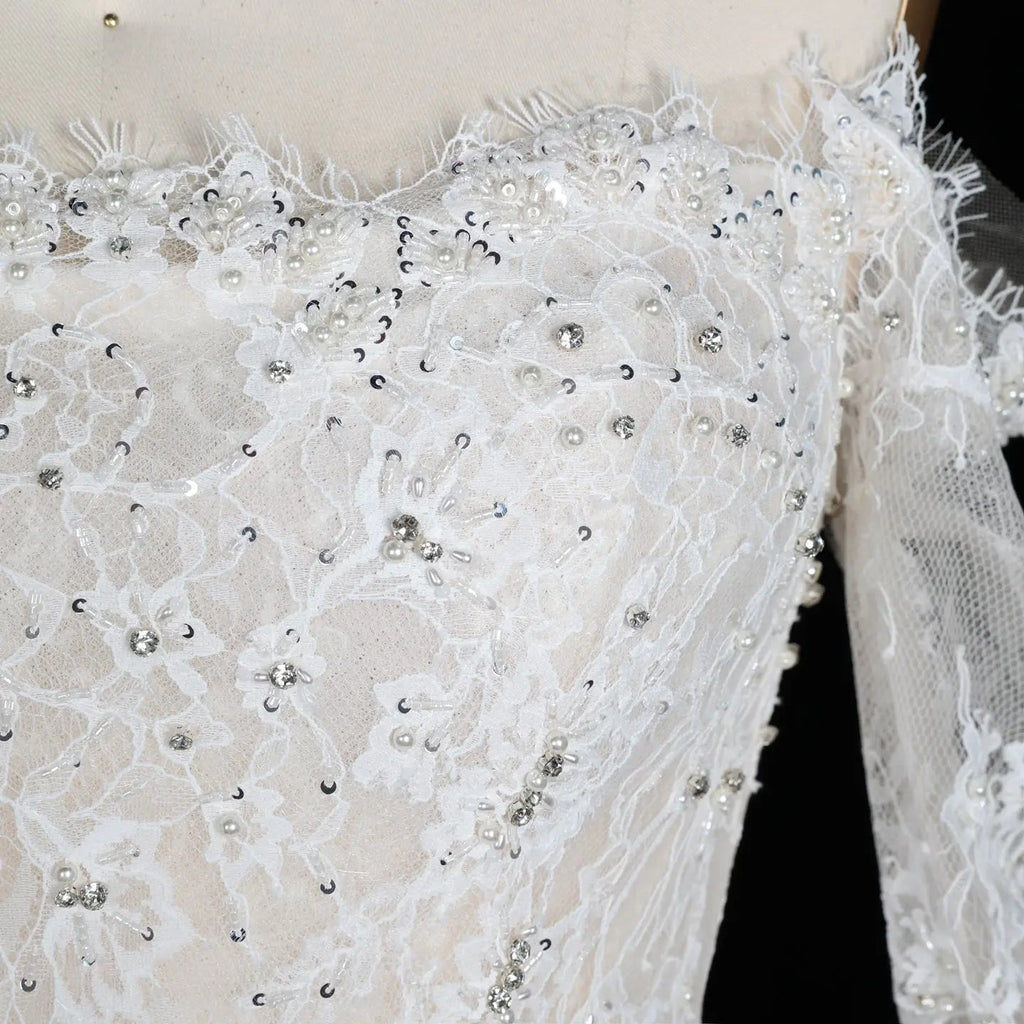 White Lace and Tulle Ball Gown Wedding Dress Off the Shoulder Beaded Bridal Dress SW679