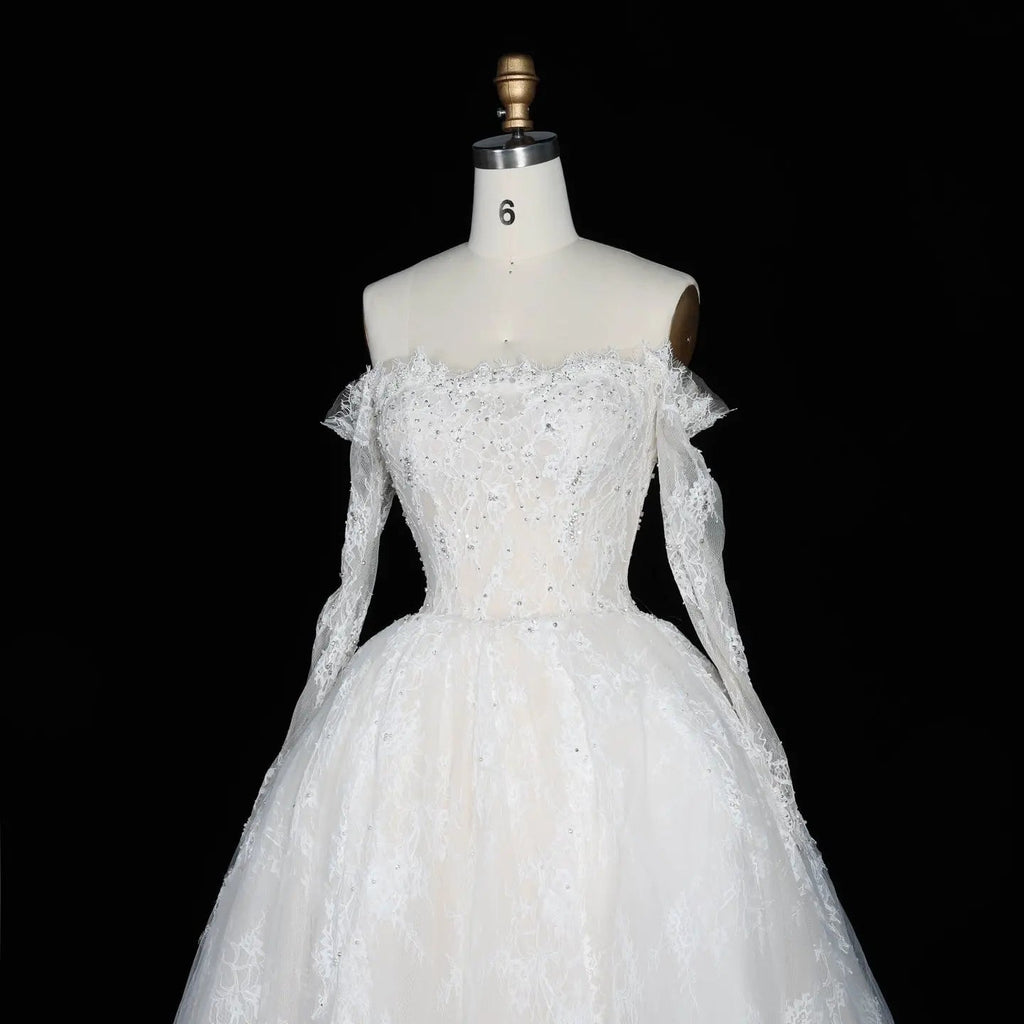 White Lace and Tulle Ball Gown Wedding Dress Off the Shoulder Beaded Bridal Dress SW679