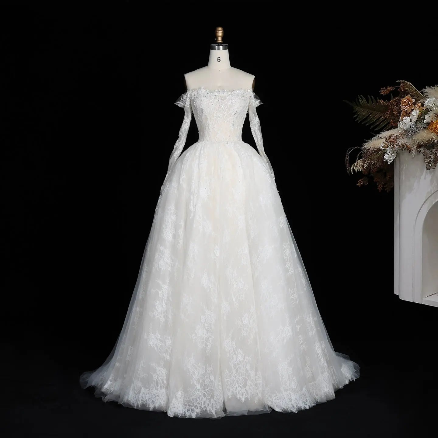 White Lace and Tulle Ball Gown Wedding Dress Off the Shoulder Beaded Bridal Dress SW679