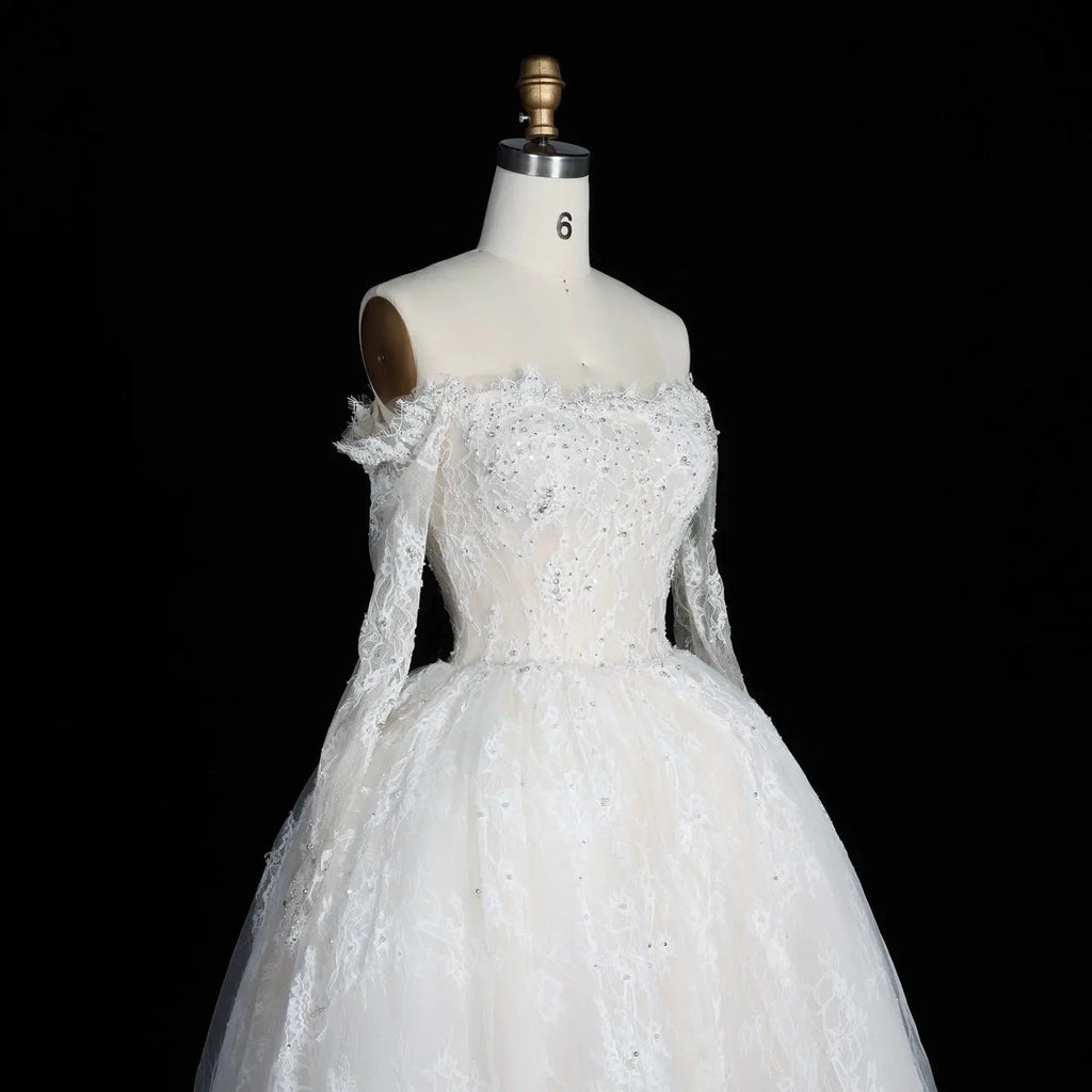 White Lace and Tulle Ball Gown Wedding Dress Off the Shoulder Beaded Bridal Dress SW679