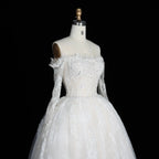 White Lace and Tulle Ball Gown Wedding Dress Off the Shoulder Beaded Bridal Dress SW679