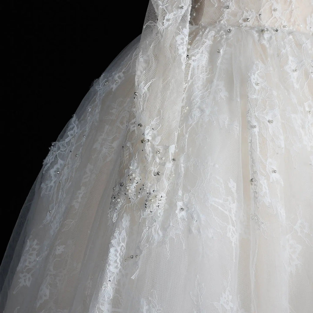 White Lace and Tulle Ball Gown Wedding Dress Off the Shoulder Beaded Bridal Dress SW679