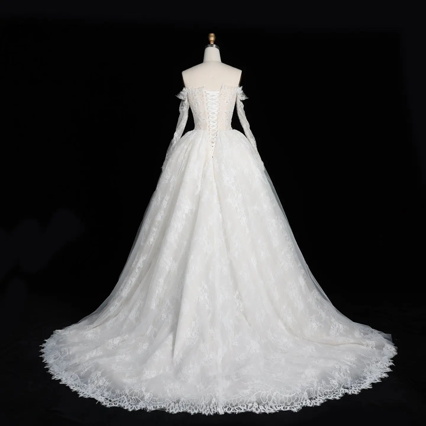 White Lace and Tulle Ball Gown Wedding Dress Off the Shoulder Beaded Bridal Dress SW679