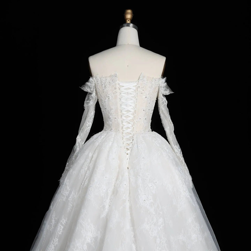 White Lace and Tulle Ball Gown Wedding Dress Off the Shoulder Beaded Bridal Dress SW679