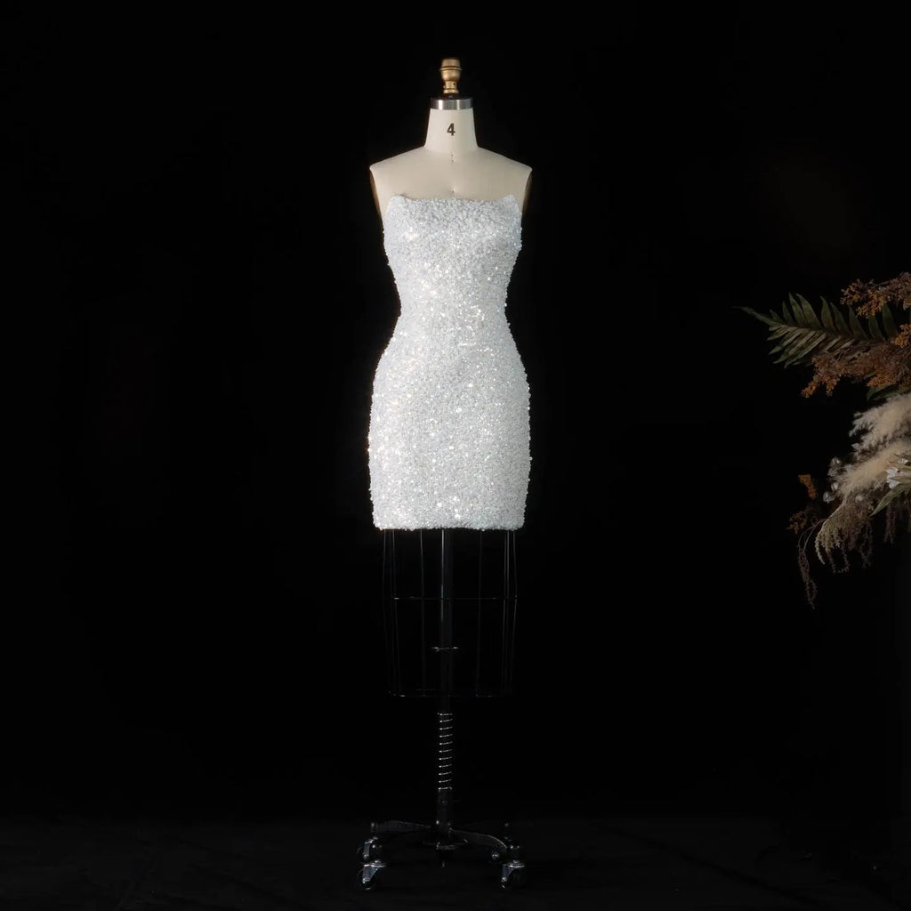 Luxury White Sequin Pearl Strapless Short Wedding Dress SW520