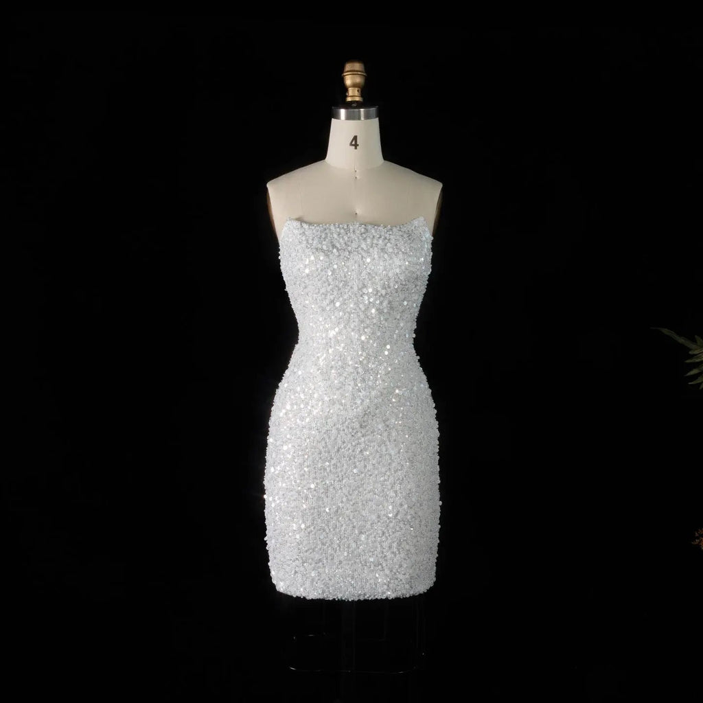 Luxury White Sequin Pearl Strapless Short Wedding Dress SW520