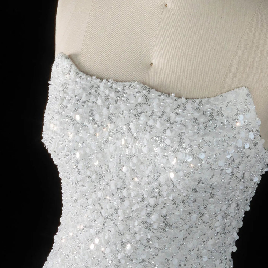 Luxury White Sequin Pearl Strapless Short Wedding Dress SW520