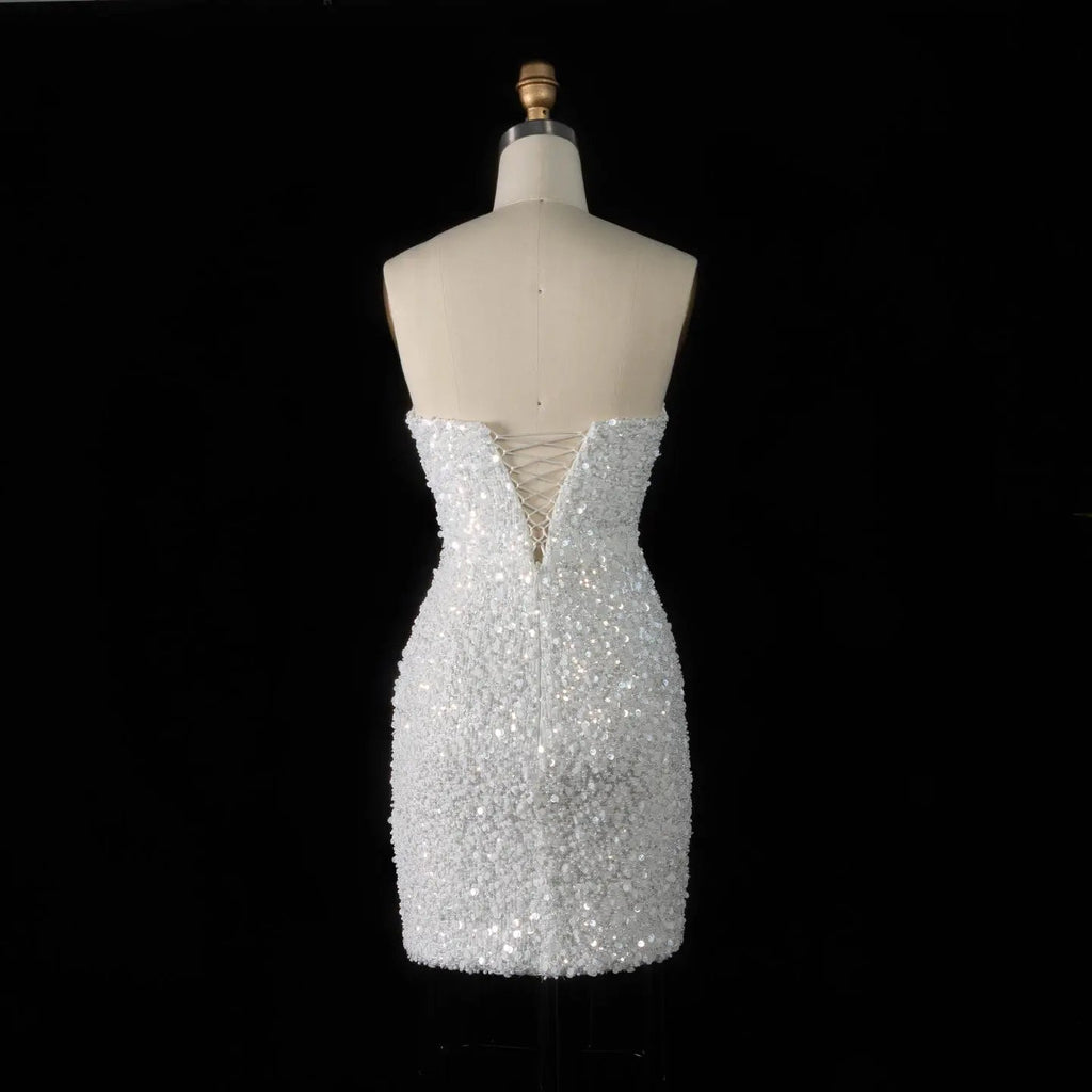 Luxury White Sequin Pearl Strapless Short Wedding Dress SW520