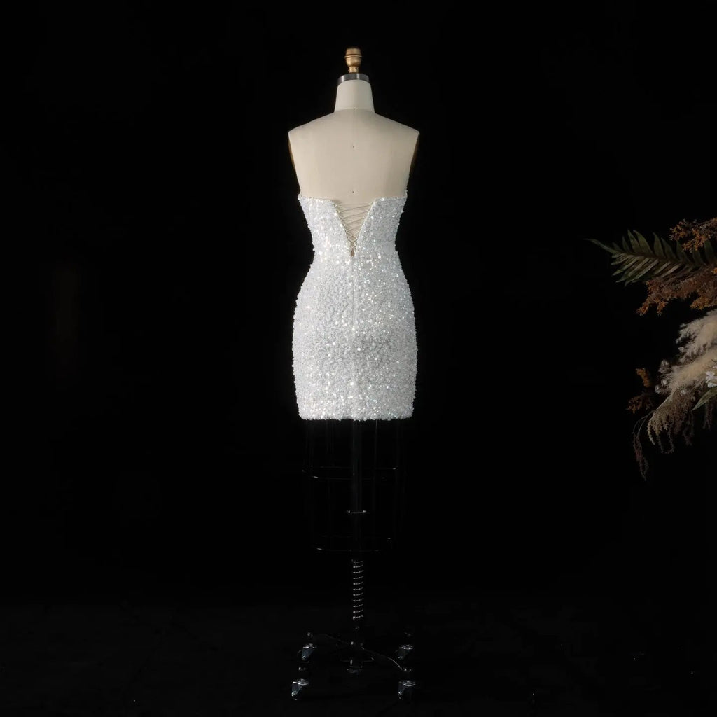 Luxury White Sequin Pearl Strapless Short Wedding Dress SW520