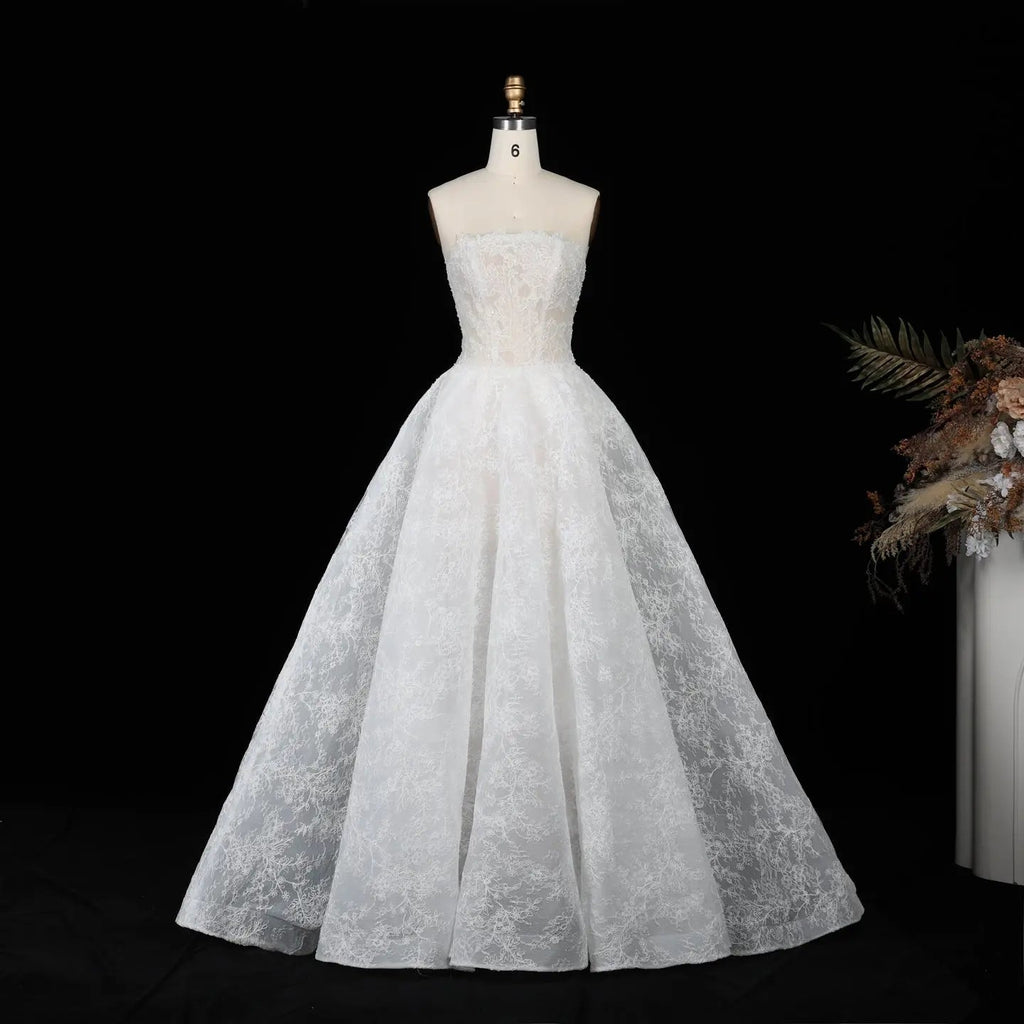 White Corset Strapless Lace Applique Tulle Bridal Ball Gown Wedding Dress SW611