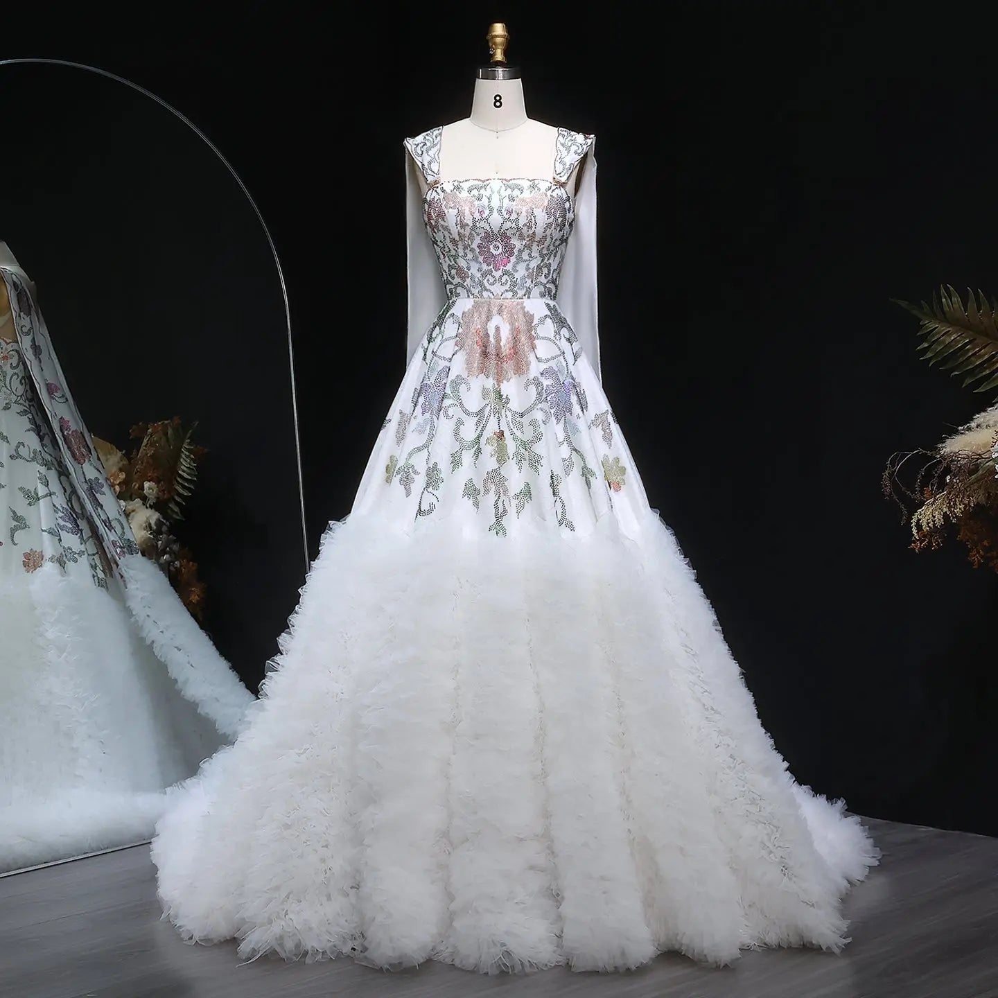 Luxury White Off-Shoulder Diamond Ball Gown Wedding Dress with Cape SW522