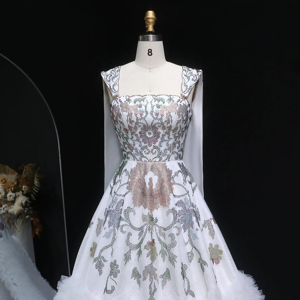 Luxury White Off-Shoulder Diamond Ball Gown Wedding Dress with Cape SW522
