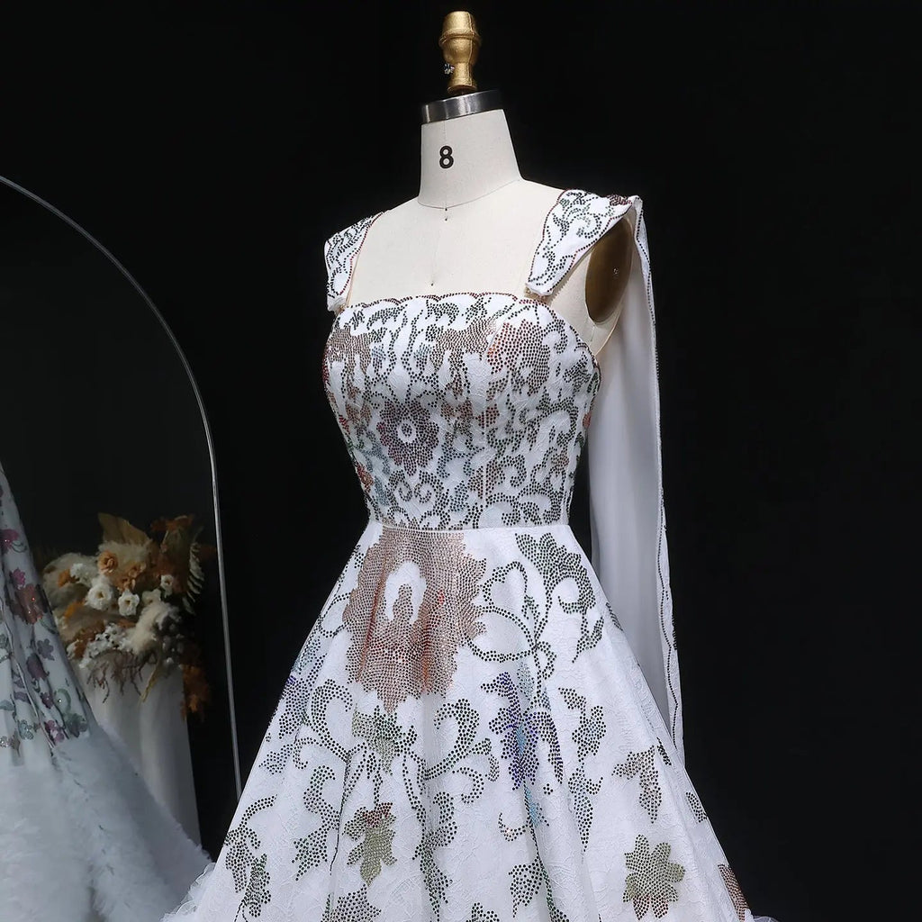 Luxury White Off-Shoulder Diamond Ball Gown Wedding Dress with Cape SW522