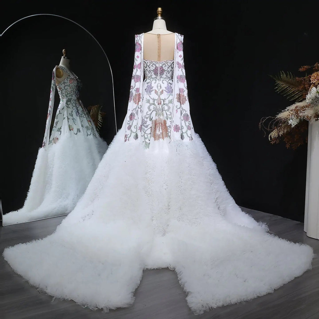 Luxury White Off-Shoulder Diamond Ball Gown Wedding Dress with Cape SW522