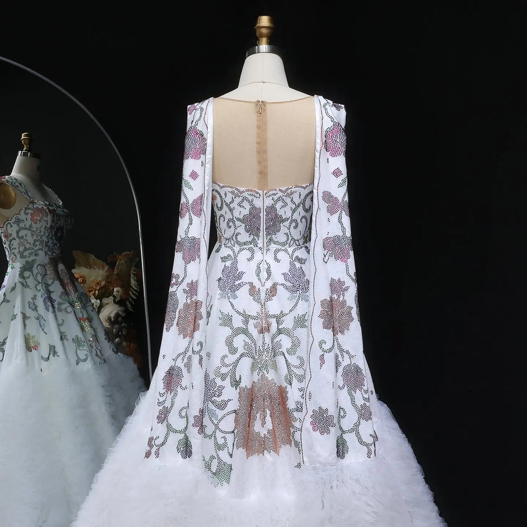 Luxury White Off-Shoulder Diamond Ball Gown Wedding Dress with Cape SW522