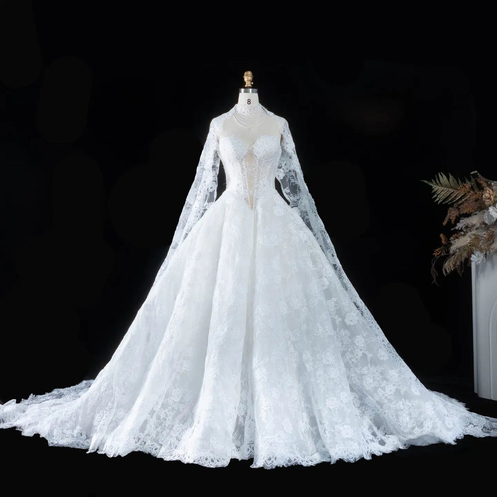 Luxury Ivory Strapless Lace Train Wedding Dress with Scarf SW166
