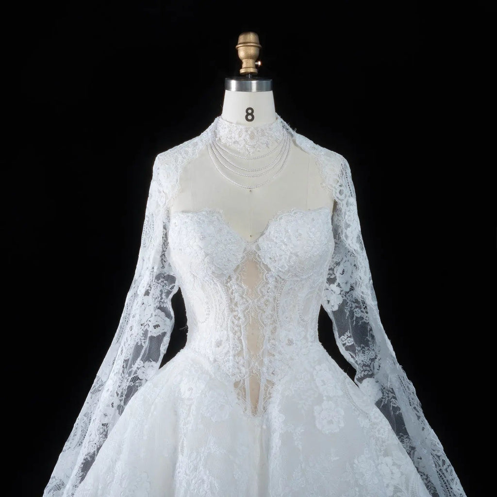 Luxury Ivory Strapless Lace Train Wedding Dress with Scarf SW166