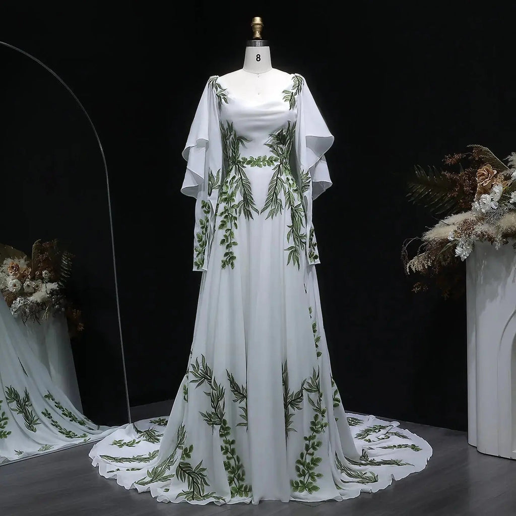 Luxury White & Green Botanical Print Cape Boho Train Wedding Dress SW642
