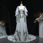 Luxury White & Green Botanical Print Cape Boho Train Wedding Dress SW642