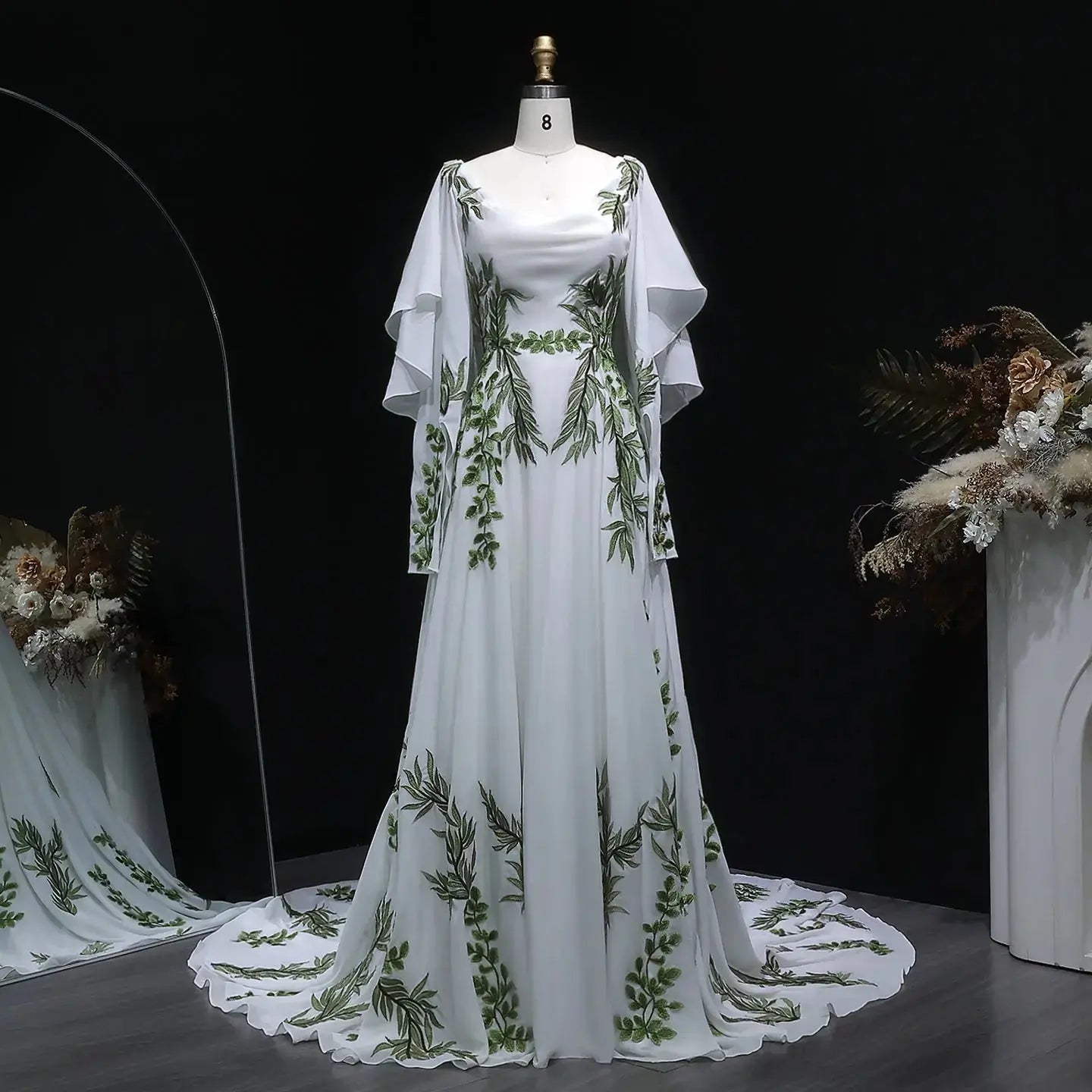 Luxury White & Green Botanical Print Cape Boho Train Wedding Dress SW642