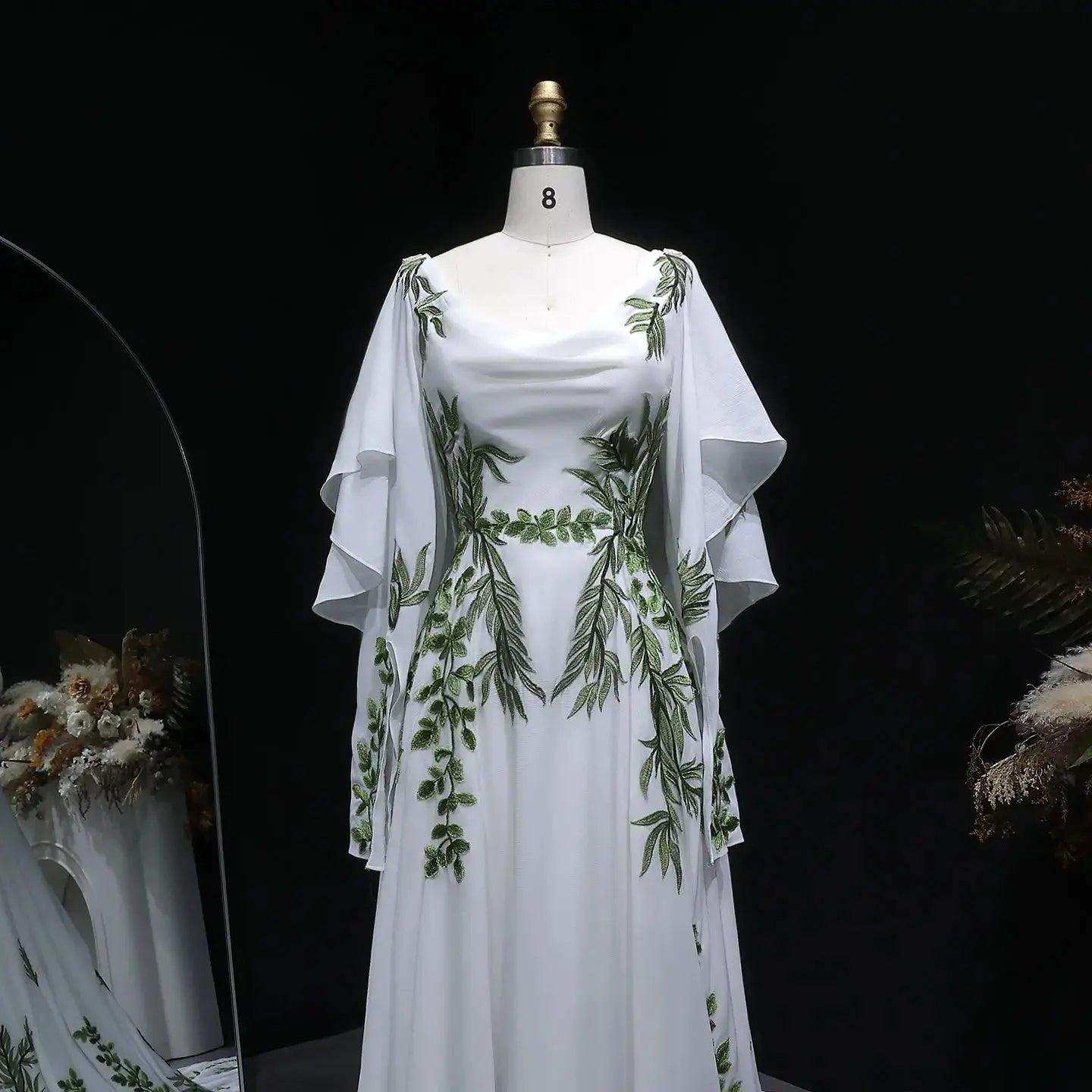Luxury White & Green Botanical Print Cape Boho Train Wedding Dress SW642
