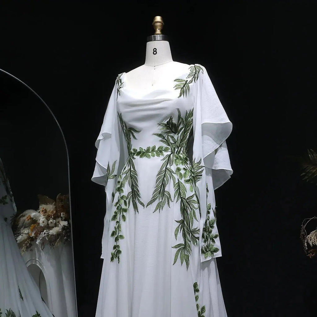 Luxury White & Green Botanical Print Cape Boho Train Wedding Dress SW642