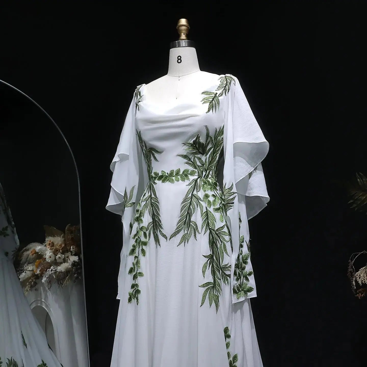Luxury White & Green Botanical Print Cape Boho Train Wedding Dress SW642