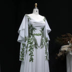 Luxury White & Green Botanical Print Cape Boho Train Wedding Dress SW642