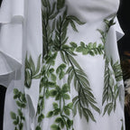 Luxury White & Green Botanical Print Cape Boho Train Wedding Dress SW642