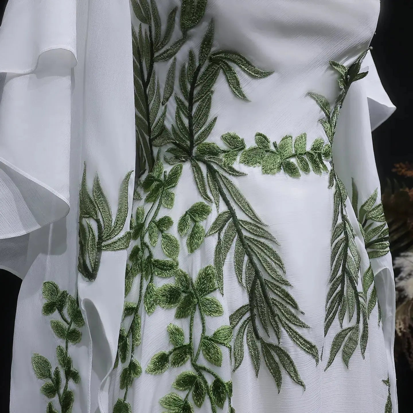 Luxury White & Green Botanical Print Cape Boho Train Wedding Dress SW642