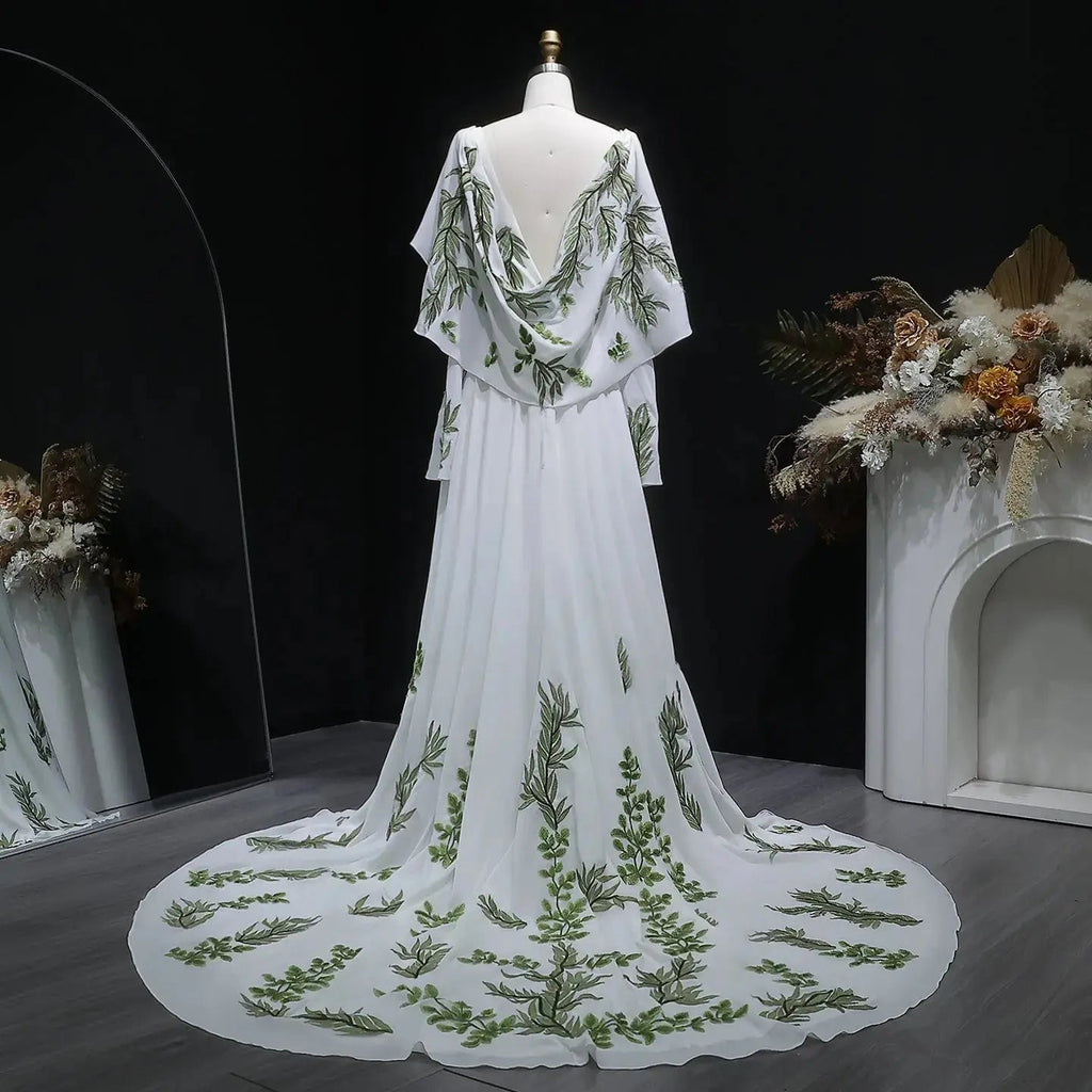 Luxury White & Green Botanical Print Cape Boho Train Wedding Dress SW642
