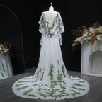 Luxury White & Green Botanical Print Cape Boho Train Wedding Dress SW642