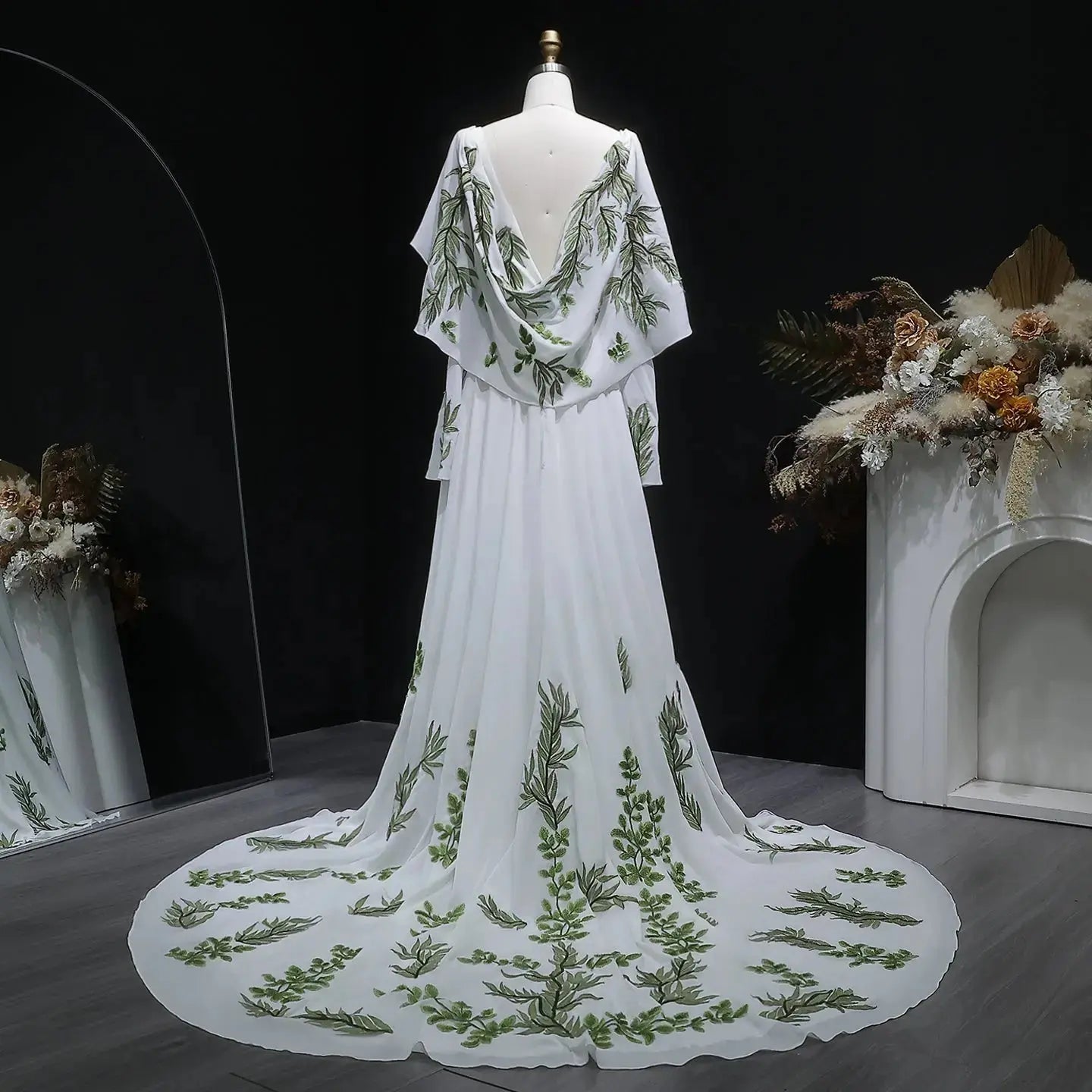 Luxury White & Green Botanical Print Cape Boho Train Wedding Dress SW642