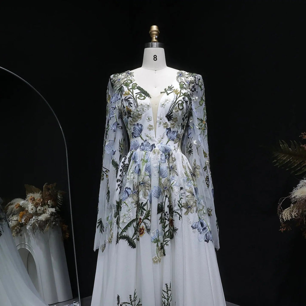 Luxury White Embroidery Long Sleeve Boho Train Wedding Dress SW641